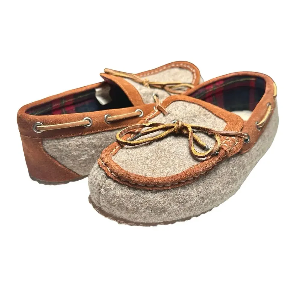 Lands’ End | Men | Wool Felt Suede Leather Brown Cozy Moccasin Slippers | 10 D